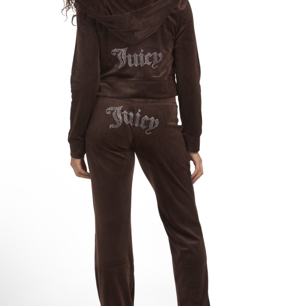 Brown Rhinestone Script Logo Velvet Hoodie Jacket - Picture 5 of 5